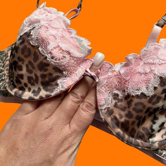 00's vintage leopard print mesh baby pink lace coquette y2k bra 34B express - Picture 3 of 7